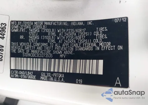 2012 Toyota Sienna Xle V6 8 Passenger from USA, damaged, VIN 5TDYK3DC3CS273535